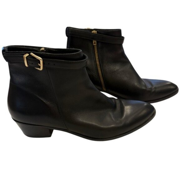 J Crew Womens Size 9.5 Bootie Heeled Italian Leather Black Side Zip With Buckle - Picture 1 of 11